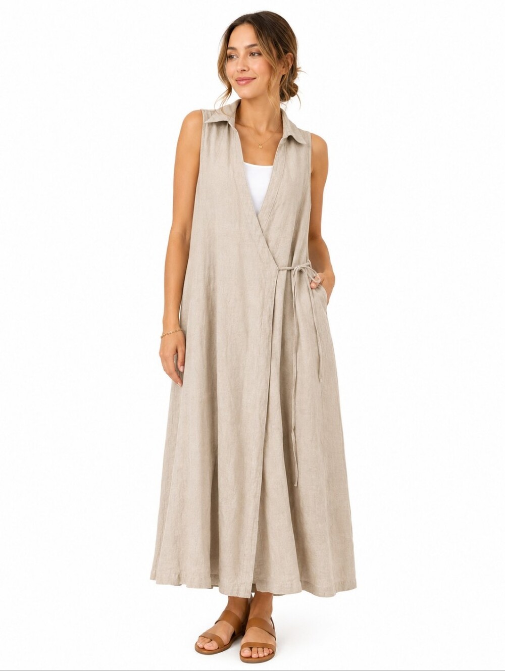 Emanuel Ungaro Linen Blend Sleeveless Wrap Maxi Dress Beige Size 6/40 Natural